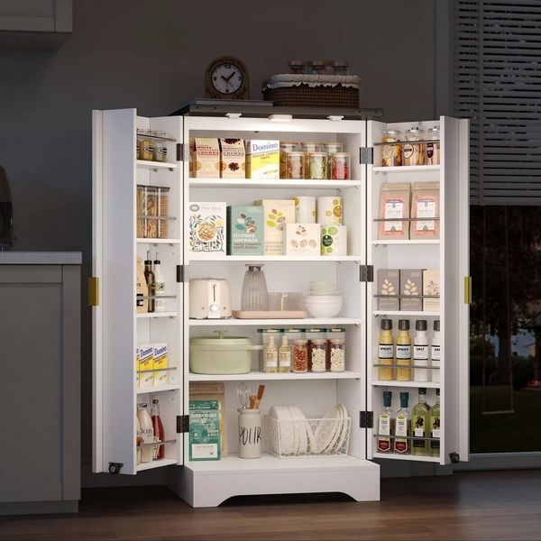 Flieks Hochschrank Küchenschrank mit LED-Sensorlicht und Türablagen (1-St, B60,5/T40/H120 cm) Mehrzweckschrank mit Gewürzregal und verstellbaren Regalböden Weiß