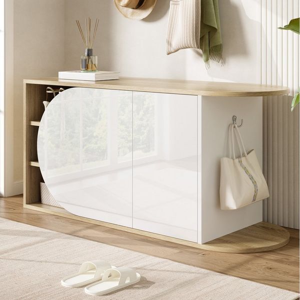 Flieks Schuhschrank Schuhkommode mit 1 seitlichen Haken und 5 Fächern (1-St, 104×37×50 cm) Schuhbank Schuhregal mit halbrunden Tür Hochglanz Weiß&Natur
