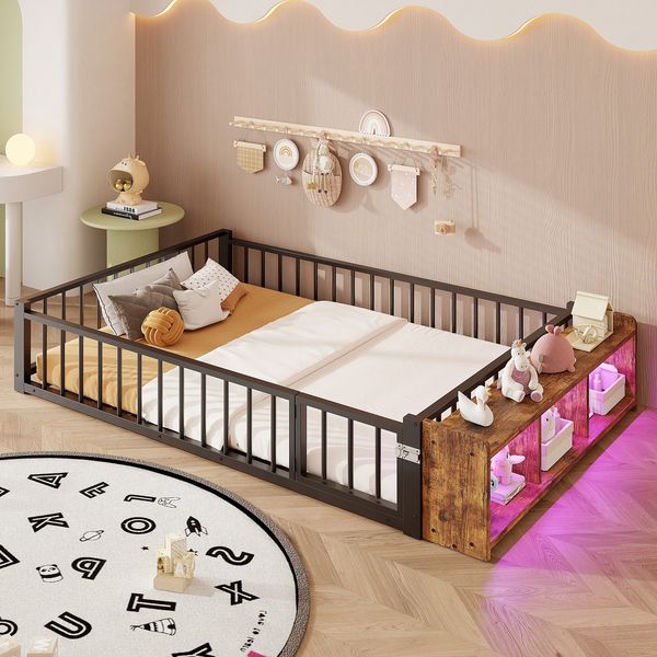 Kinderbett mit LED-Streifen, Regal, Zaun, Lattenrost und Tür, 140x200 cm, Einzelbett mit Rausfallschutz, Metallbett