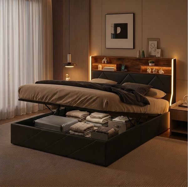 PXloue Polsterbett Stauraumbett Geeignet für kleine Wohnungen (Kopfteil mit 2 USB-Anschlüsse und 1 Typ-C-Ladeport), Hydraulisches Doppelbett, mit LED-Leisten, PU, 160x200
