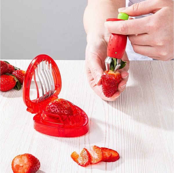 Haushalt International Obstschneider Erdbeer Schneider & Entstieler Set Kunststoff 2 Tlg. Set, (2-tlg), 2 Geräte, Schneide Edelstahl, robuster Kunststoff, für Erdbeeren