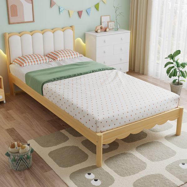 Merax Kinder Polsterbett, 90x200cm Einzelbett, Gepolstertes PU-Kopfteil, elegantes Wellendesign, stabiler Lattenrost, Massivholzrahmen, Beige