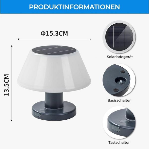 PRIISF LED Solarleuchte LED Solar Tischlampe Mobile Akku Tischleuchte Außen Schreibtischlampe, Dimmbare, Solartischlampen mit Lichtsensor, Wasserdicht IP54, Aussen Lampe Akku USB, Neutralweiß, Warmweiß, 2in1 USB und Solar Aufladbar Kabellose Lampe Gart...