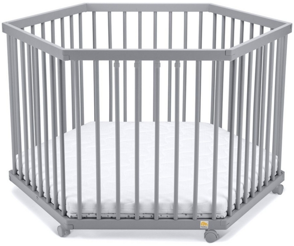 FabiMax 4731 Laufgitter 6-eckig, Grau, mit Matratze CLASSIC, Buche massiv, höhenverstellbar, Schlupfsprossen, Parkettrollen