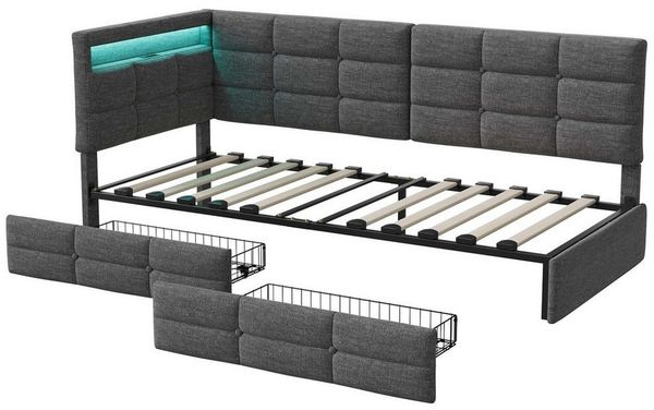 Gdood Polsterbett Daybett Jugendbett Tagesbett (1-tlg, 2 Schubladen, Geeignet für Jungen und Mädchen), Mit LED-Beleuchtung, Ladefunktion, Leinen, 90x200 cm