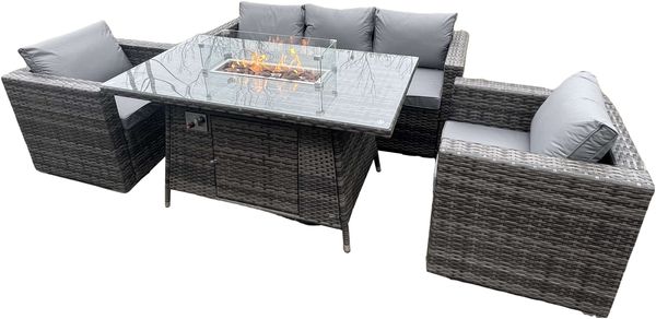 Fimous 5 Sitzer Outdoor PE Rattan Gartenmöbel Gas Feuer Grube Esstisch Lounge Sofa 2 Piece Sessel Dunkelgrau gemischte Terrasse