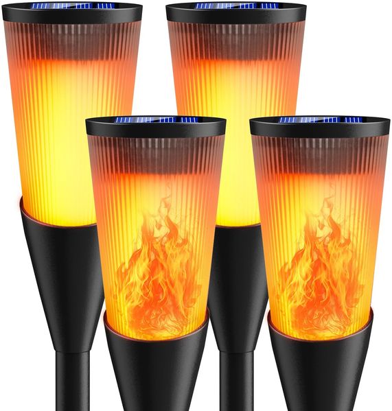 Solarlampen für Außen Gartenfackeln, 4 Stück 2 Modi Solarleuchten für Draußen, IP65 Wetterfest Fackeln Lampe Gartenleuchten mit Realistischen Flammen Auto EIN/Aus für Garten Deko Weg, Hinterhöfe,Rasen