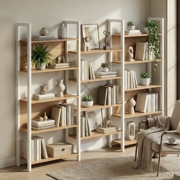 VASAGLE Aufbewahrungsregal, mit 14 Ablagen, Bücherregal, Industrie-Design, goldeichenfarben-weiß