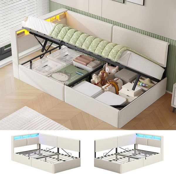 MSMASK Polsterbett mit USB-Steckdosen & LED-Kopfteil, Eckmontage möglich, Jugendbett (Ohne Matratze), Schlafsofa 90x200 cm mit Hydraulischem Stauraum