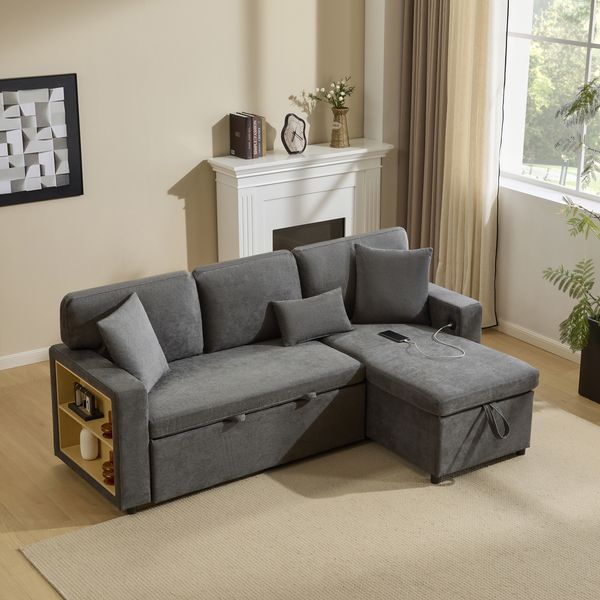 Ecksofa Bett L-Form, ausziehbar, Bettkasten, integriertes Regal, Beige
