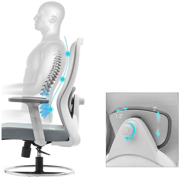 hjh OFFICE Counterstuhl Ergonomisch Top Work 44 W – Hoher Verstellbarer Arbeitsstuhl aus Netzstoff, Höhenverstellbare Armlehnen, Lendenwirbelstütze & Fußring, Grau