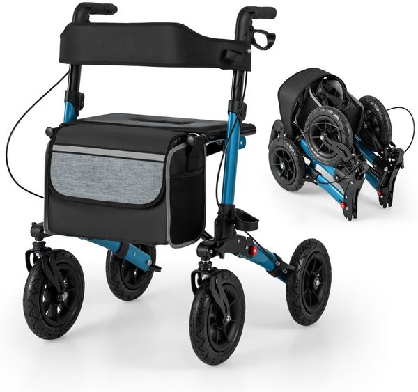 Rollator mit Luftbereifung faltbar und leicht mit Sitz Aluminium bis 140 kg 2 in 1 Rollstuhl Blau