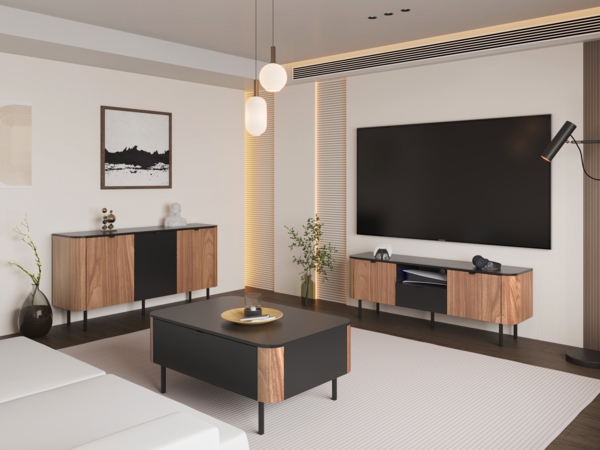 Wohnzimmer-Set Timzemt II (Farbe: Nuss / Schwarz)