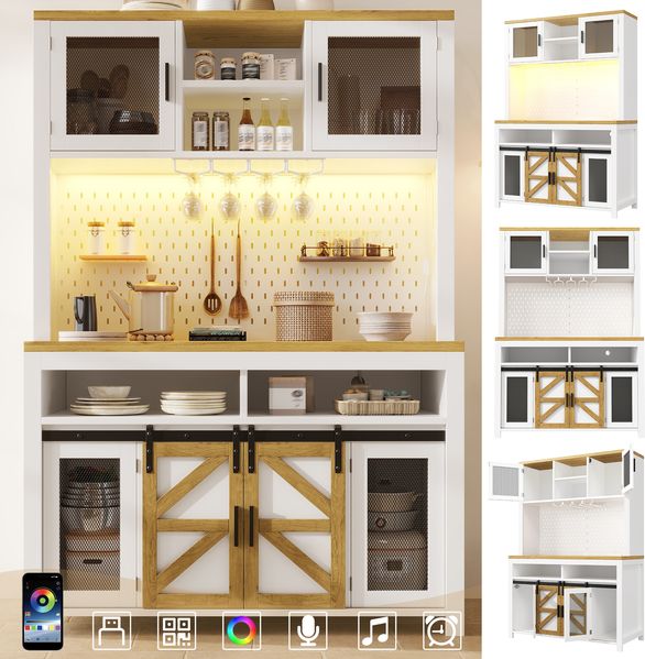 Küchenschränke, Hochschrank mit USB-Anschluss, multifunktionaler Stauraum mit großzügiger Arbeitsfläche für Küche Esszimmer, Sideboards mit LED-Beleuchtung, Weiß