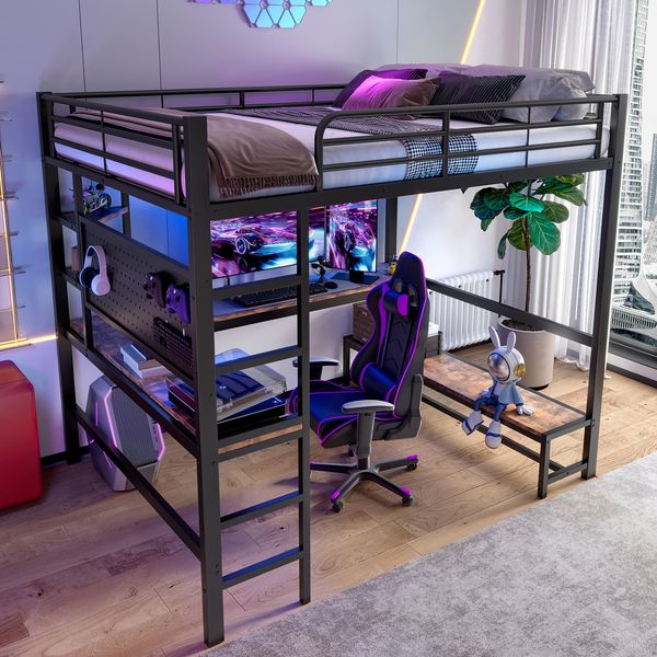 Hochbett 140x200 cm mit Schreibtisch, Regalen, LED und USB-C – Metallrahmen in Schwarz