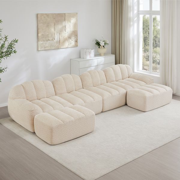 4-Sitzer Wohnlandschaft H 79 x T 366 x B 165 cm aus granuliertem Fleece, modular erweiterbar, in Beige-Weiß