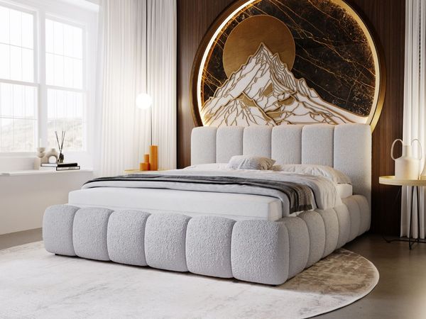 GRAINGOLD Cloud Bett 180x200, Polsterbett mit Bettkasten, Bouclé-Stoff, mit Kopfteil, Hellgrau