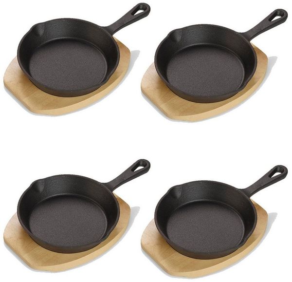 ECHTWERK Servierpfanne kleine Grillpfanne, Gusseisen (8-tlg, Servierpfännchen inklusive Servierbrett), Bereits eingebrannt. Servierbrett aus Echtholz
