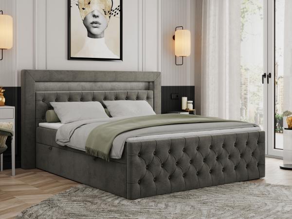 Boxspringbett, Stauraumbett mit Bettkasten, LED - GOLD-9 - 140x200cm - Dunkelgrau Velours - H4