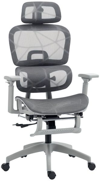 HOMCOM Bürostuhl Höhenverstellbarer Mesh Drehstuhl mit Armlehne, Kopfstütze (Ergonomischer Schreibtischstuhl, 1 St), mit Wippfunktion, Liegefunktion, Fußstütze, Lendenwirbelstütze, Grau