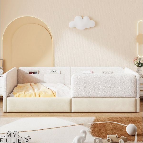 Flieks Kinderbett, Daybett Polsterbett 90x200cm mit Schutzgitter und Aufbewahrungstasche