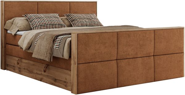 Doppelbett, Boxspringbett mit zwei Multipocket-Matratzen und ein Topper, Bettkästen, Eiche Wotan Holzrahmen, genähtes Kopfteil und Front - ALBERO 2 KING DUO - 140 x 200 cm - Orange Stoff - H4 Bild 4
