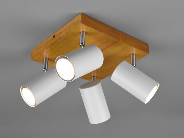 LED Deckenstrahler Weiß mit Holz 4-flammig, Quadrat 22cm
