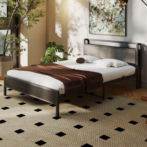 Metallbett 200 x 140 cm,Stauraum-Kopfteil mit 1 Steckdosen, 2 USB-Ladeanschlüssen