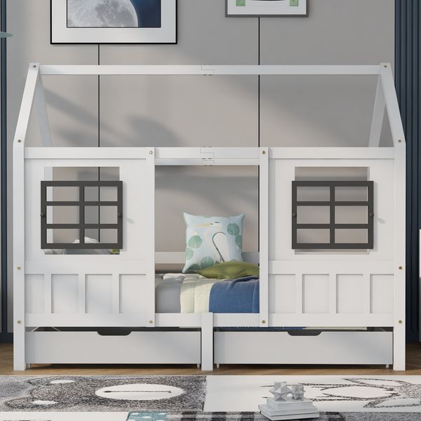 Hausbett 207×97×174 cm – Einzel-/Tagesbett mit 2 Schubladen und Doppelfenster, Massivholz (Kiefer+MDF), Weiß, stabile Konstruktion