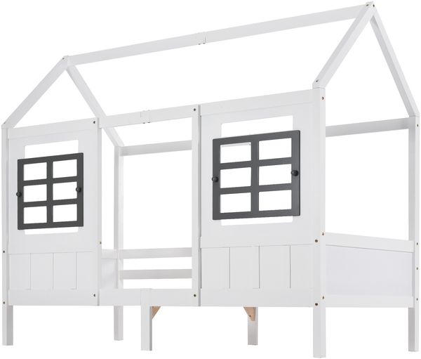 Hausbett 207×97×174 cm – Einzel-/Tagesbett mit 2 Schubladen und Doppelfenster, Massivholz (Kiefer+MDF), Weiß, stabile Konstruktion Bild 4