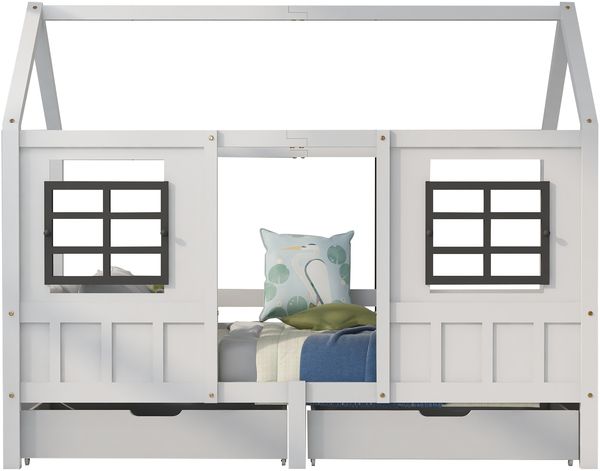 Hausbett 207×97×174 cm – Einzel-/Tagesbett mit 2 Schubladen und Doppelfenster, Massivholz (Kiefer+MDF), Weiß, stabile Konstruktion Bild 2
