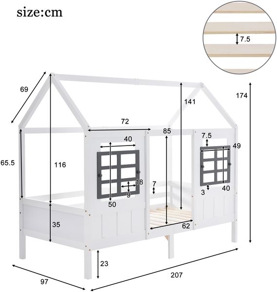 Hausbett 207×97×174 cm – Einzel-/Tagesbett mit 2 Schubladen und Doppelfenster, Massivholz (Kiefer+MDF), Weiß, stabile Konstruktion Bild 7