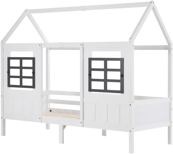 Hausbett 207×97×174 cm – Einzel-/Tagesbett mit 2 Schubladen und Doppelfenster, Massivholz (Kiefer+MDF), Weiß, stabile Konstruktion Bild 3