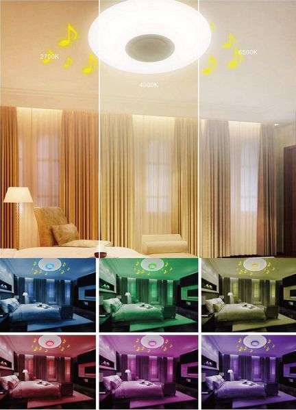 TRANGO LED Deckenleuchte, 3099 stufenlos dimmbare & CCT Farbsteuerung 24 Watt LED-Deckenleuchte mit integrierter RGB Farbwechsel Ambiente-Beleuchtung inkl. Bluetooth-Lautsprecher mit App-Steuerung, und Sternenhimmel-Effekt 38x38 cm