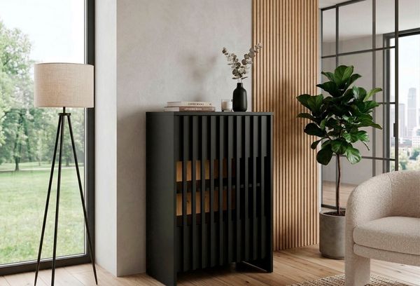 Home affaire Mehrzweckschrank MURET, multifunktionale Kommode, 4 Fächer und 2 Türen, Lamellenfronten (Maße B/T/H: 60/35,4/87 cm) Kommode mit viel Stauraum, Maße B/T/H: 60/35,4/87 cm