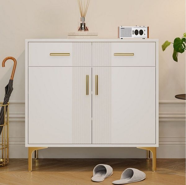 Flieks Kommode mit 2 Schubladen und 2 Türen Weiß (B80/T35/H79,5 cm, 1 St, für Wohnzimmer, Flur, Schlafzimmer und Esszimmer), Sideboard Mehrzweckschrank mit verstellbare Einlegeböden Holzschrank