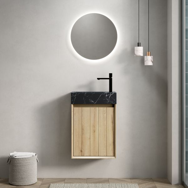 Badezimmer-Waschtisch mit Unterbauwaschbecken aus Schwarzem Marmor mit Steinmuster,Sperrholzschränke mit Streifen eine Tür Vormontiert,Weiße Eiche Holzmaserung Farbe,40 cm
