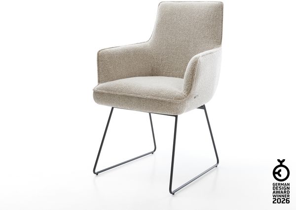 Esszimmerstuhl Heira-Flex mit Armlehnen Webstoff Soft Beige Kufengestell Schwarz Taschenfederkern