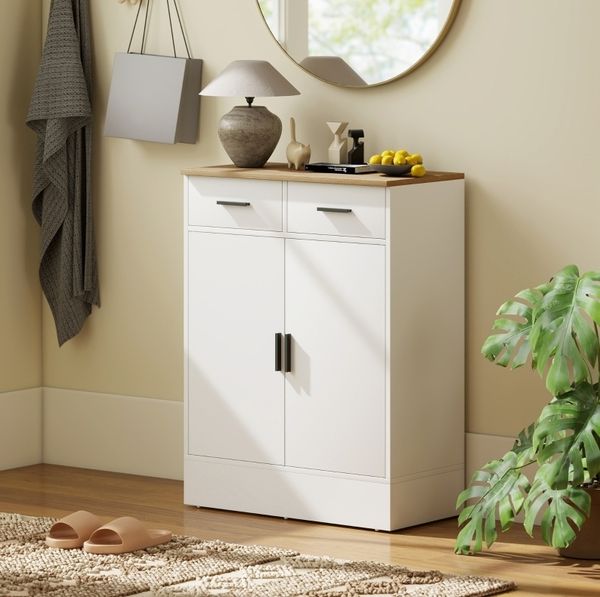 Sideboard 68 x 35 x 90,3 cm mit 2 Schubladen und verstellbarem Regal – weiß/natürliche Holzoptik