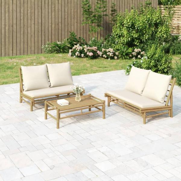 vidaXL 3-tlg. Garten-Lounge-Set mit Kissen Creme Bambus