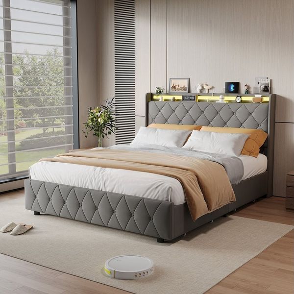 Simurq Polsterbett Stauraumbett 160x200 cm Grau mit LED, USB & 4 Schubladen (Set, Schlafbett, Jugendbett, Komfortbett, ohne Matratze), Polsterbett mit Kopfteilstauraum, Samtbezug & Lattenrost
