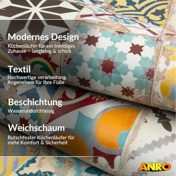 ANRO Küchenläufer abwaschbar Fliesenmix LADY Läufer pflegeleicht Küchenteppich, Rechteckig, Höhe: 3 mm, robust schmutzabweisend 67x100cm Oriental Bunt robust