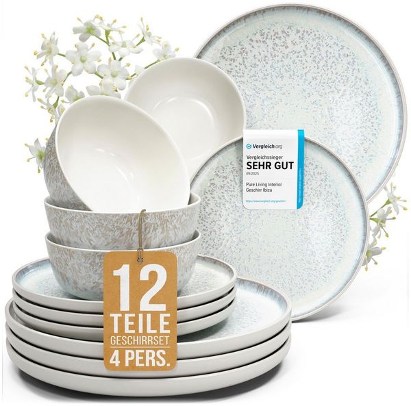 PURE LIVING INTERIOR DESIGN Geschirr-Set Pure Living »Ibiza« (12-tlg), 4 Personen, Steingut, Beige, 4 Personen, Steingut, Mediterrane Handwerksoptik, Reaktive Glasur – jedes Stück einzigartig…