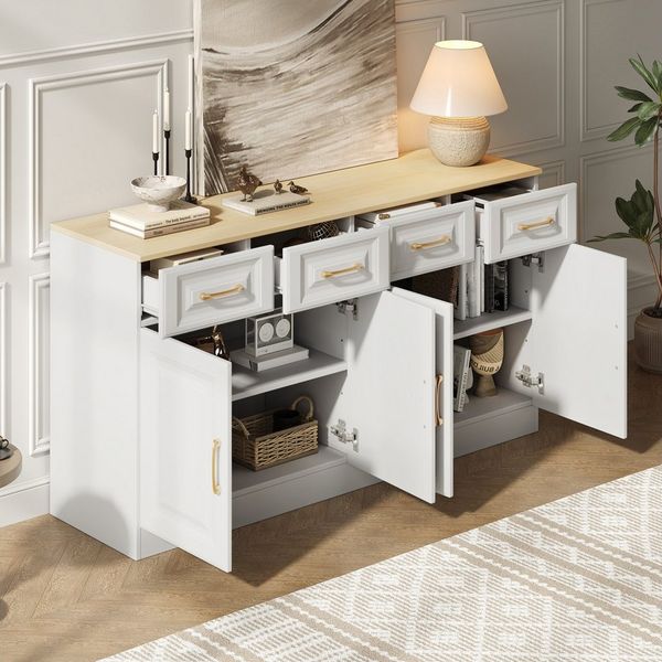 MODFU Sideboard Landhaus Buffet im rustikalen Look (Buffetschrank, Kaffeebarschrank, Kommode, 1 St, 4 Schubladen und 4 Scheunentüren), mit Stauraum