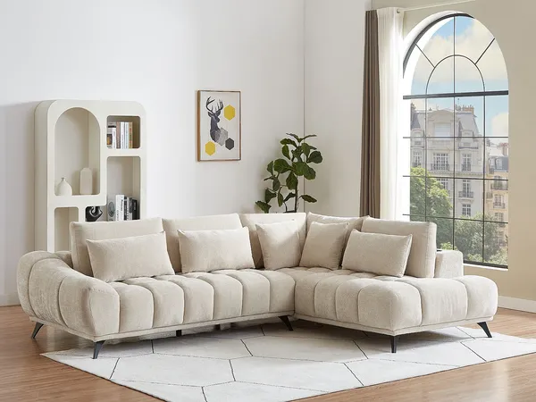 Vente-unique - Ecksofa rechts mit verstellbarer Rückenlehne - Strukturstoff - Beige - MAVIRO