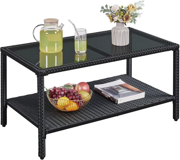 Yaheetech Poly-Rattan Gartentisch Kaffeetisch Terrassentisch, Beistelltisch Couchtisch Balkontisch mit Ablage & Platte für Indoors/Outdoors, Schwarz