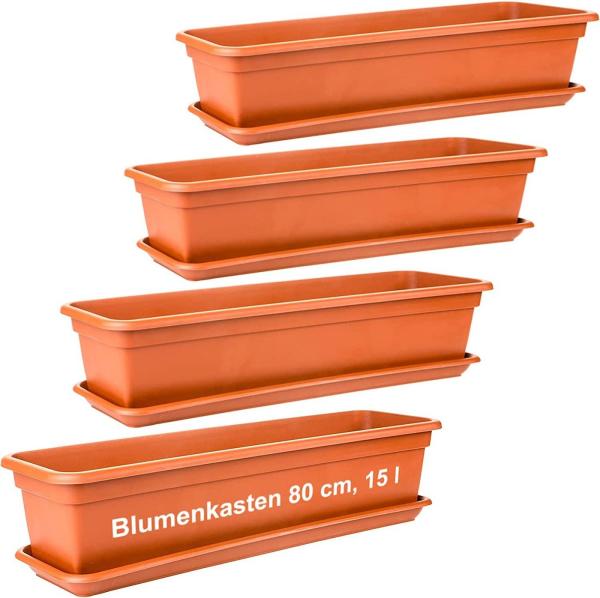 Centi Balkonkasten Blumenkasten Balkon, Balkonkasten, Blumenkasten Fensterbank außen (Set, 4 St, 80 cm, Terracotta, Made in EU), Blumenkasten Untersetzer, Balkonkästen aus Kunststoff
