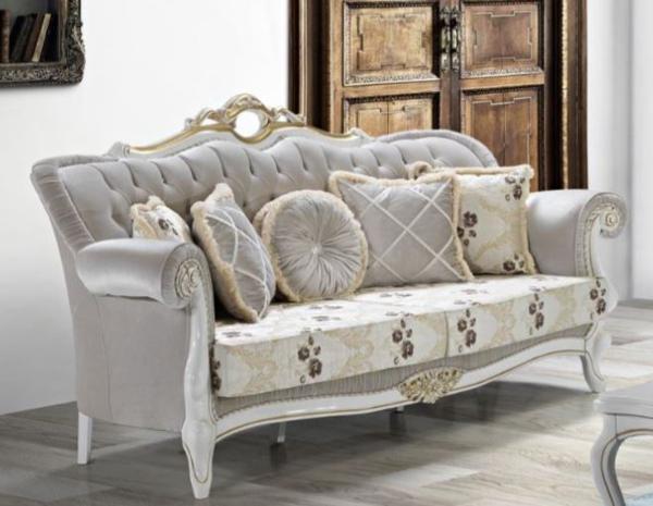 Casa Padrino Barock Wohnzimmer Sofa mit Glitzersteinen und Blumenmuster Hellgrau / Creme / Beige / Weiß / Gold 215 x 80 x H. 120 cm - Barock Möbel