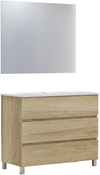 Baikal Badmöbel-Set Neo mit glattem Mondspiegel, DREI Schubladen oder Zwei Türen, Möbel mit Beinen, Verschiedene Ausführungen und Größen, Melamin 16 mm, montiert, 3c 100 Nature