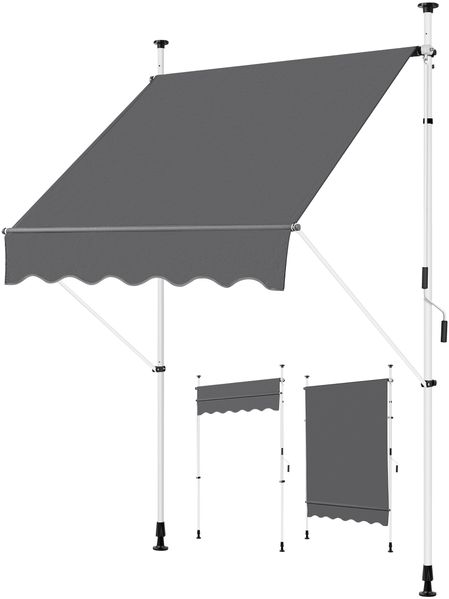 Yaheetech Klemmmarkise 150cm Breit Balkonmarkise mit Handkurbel Sonnenschutz ohne Bohren Sonnenmarkise höhenverstellbar Markise mit Gestell wasserdicht, Dunkelgrau